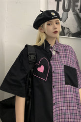 Camisa tipo blusa con estampado de corazones y cuadros escoceses